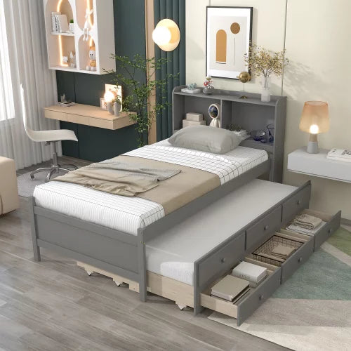 Twin Bed with Trundle and 3 Drawers, Twin Bed Frame with Bookcase Headboard, Wood Platform Bed, Multifunctional Wood Storage Daybed Sofa Bed, No Box Spring Needed, Gray