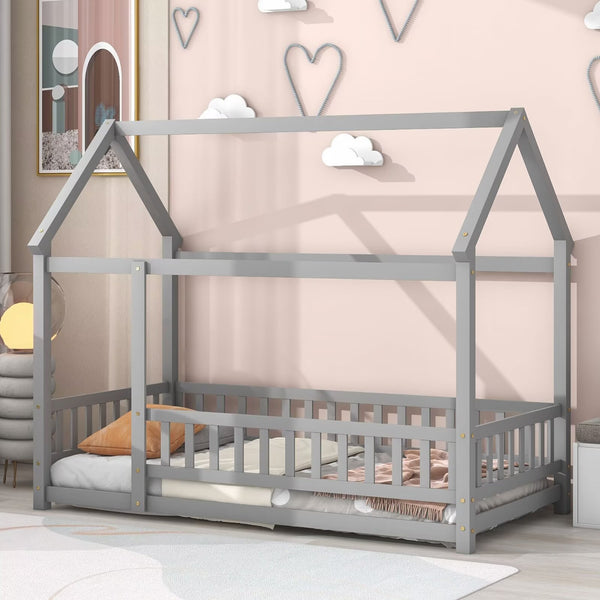 Twin Floor Bed for Kids Toddler, Wooden Montessori Bed Frame with Fence Guardrails and Door, House Bed for Girls Boys Bedroom Playroom, Easy Assembly, Gray