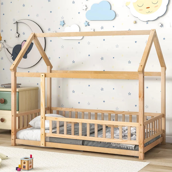 Twin Floor Bed for Kids, Wooden House Bed Frame with Roof, Fence Guardrails, Montessori Bed for Toddlers Girls Boys, Natural