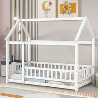 Twin Floor Bed for Kids, Wooden House Bed Frame with Roof, Fence Guardrails, Montessori Bed for Toddlers Girls Boys, White