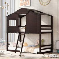 Twin Over Twin House Bunk Bed, Bunk Bed with Ladder, Window & Pitched Roof, Twin Size Bunk Wood Bed for Semi-enclosed Play Place & Playhouse,