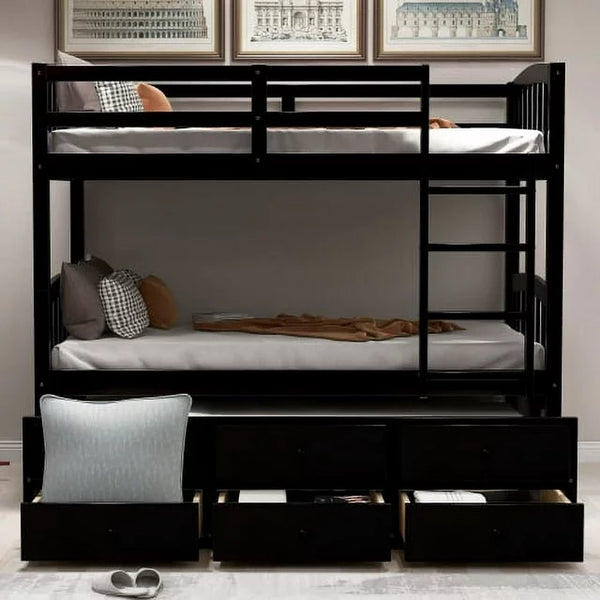 Twin-Over-Twin Bunk Bed with Trundle and 3 Storage Drawers, Twin over Twin Bunk Bed with Ladder, Safety Rail, Bedroom Guest Room Furniture, Space-Saving Design,for Kids,Teens,No Spring Needed,Expresso