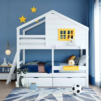 Twin Over Twin House Bunk Bed with 2 Drawers, 1 Storage Box, 1 Shelf, Window and Roof, Wooden Bunk Bed Frame with Ladder and Guardrails, White