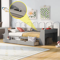 Twin Size Daybed with 2 Storage Drawers and Shelves, Wood Platform Bed Frame with Built-In Charging Station, Upholstered Sofa Bed for Boys Girls Teens Adults, No Box Spring Needed, Gray