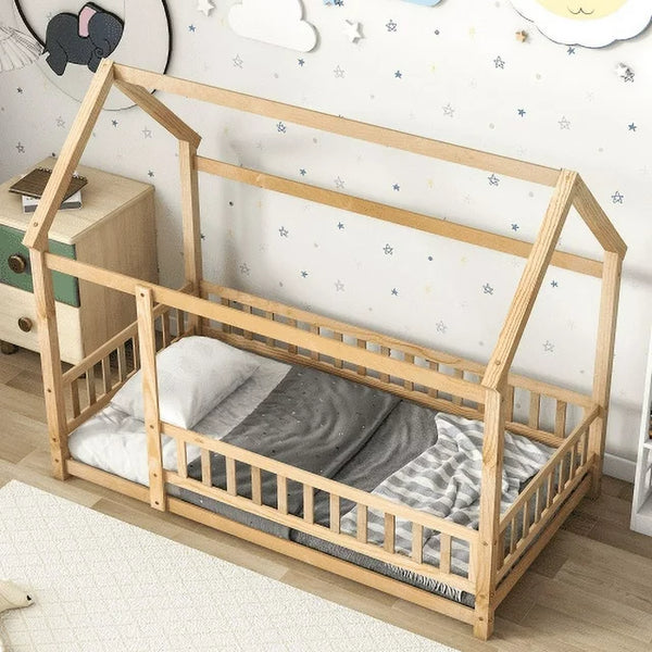 Twin Size Floor Bed with Fence for Kids and Toddlers, Montessori Bed Playhouse Bed with Roof, Solid Wood Platform Bed Frame for Boys and Girls Bedroom, No Slats Included (Natural, Twin Size)