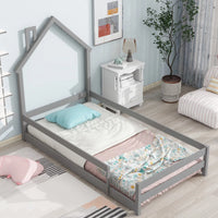 Twin Size Floor Bed, Wooden Montessori Bed Fence Bed with House Shape Headboard, Wood House Bed Platform Bed, for Boys Girls, Low to Ground Height, No Box Spring Needed, Grey