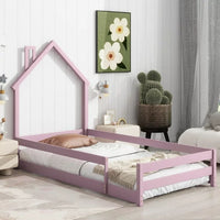 Twin Size Floor Bed Wooden Montessori Floor Bed with House-Shaped Headboard and Fence Guardrails Twin Bed Frame for Girls and Boys, No Weight Limit, Pink