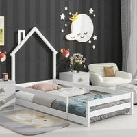 Twin Size Floor Bed Wooden Montessori Floor Bed with House-Shaped Headboard and Fence Guardrails Twin Bed Frame for Girls and Boys, No Weight Limit, White