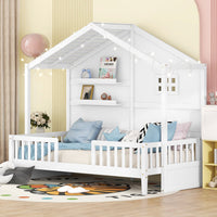 Twin Size House Bed with 2 Shelves, Wooden House Daybed with Window and Sparkling Light Strip on The Roof, Kids Montessori Bed Platform Bed Frame with Slats Support, No Spring Box Needed, White