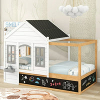 Twin Size House Shaped Canopy Bed, Fun House Bed with Black Roof, White Window, Blackboard, Little Shelf, Multi-functional Bed Frame for Children, White