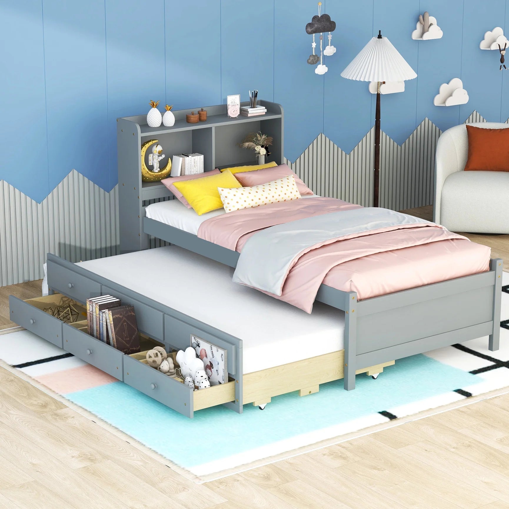 Twin Size LED Bed Frame, Platform Bed with Built-in USB ,Type-C Ports, LED light, Trundle and 3 Storage Drawers, Wood Platform Bed with Bookcase Headboard for Bedroom, No Box Spring Needed, Grey