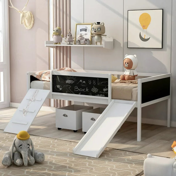 Twin Size Loft Bed with 2 Storage Boxes, Slide, Chalkboard and Climbing Frame, Multi-Functional Loft Bed Frame with Underbed Space for Boys & Girls, White