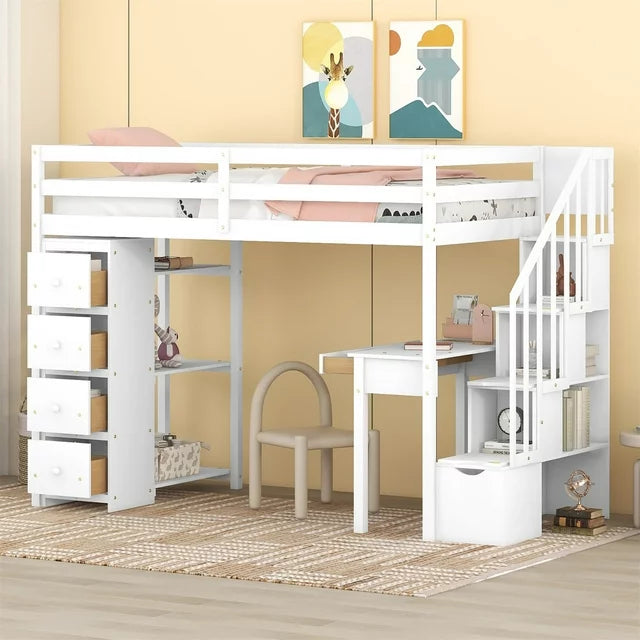 Twin Size Loft Bed with Desk and Storage Stairs Solid Wood Loft