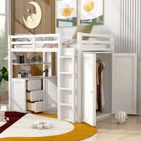 Twin Size Loft Bed with Desk and Wardrobe, Wood Loft Bed Frame with Storage Drawers and Full-Length Guardrails, High Loft Bed for Kids Teens Boys and Girls (White)