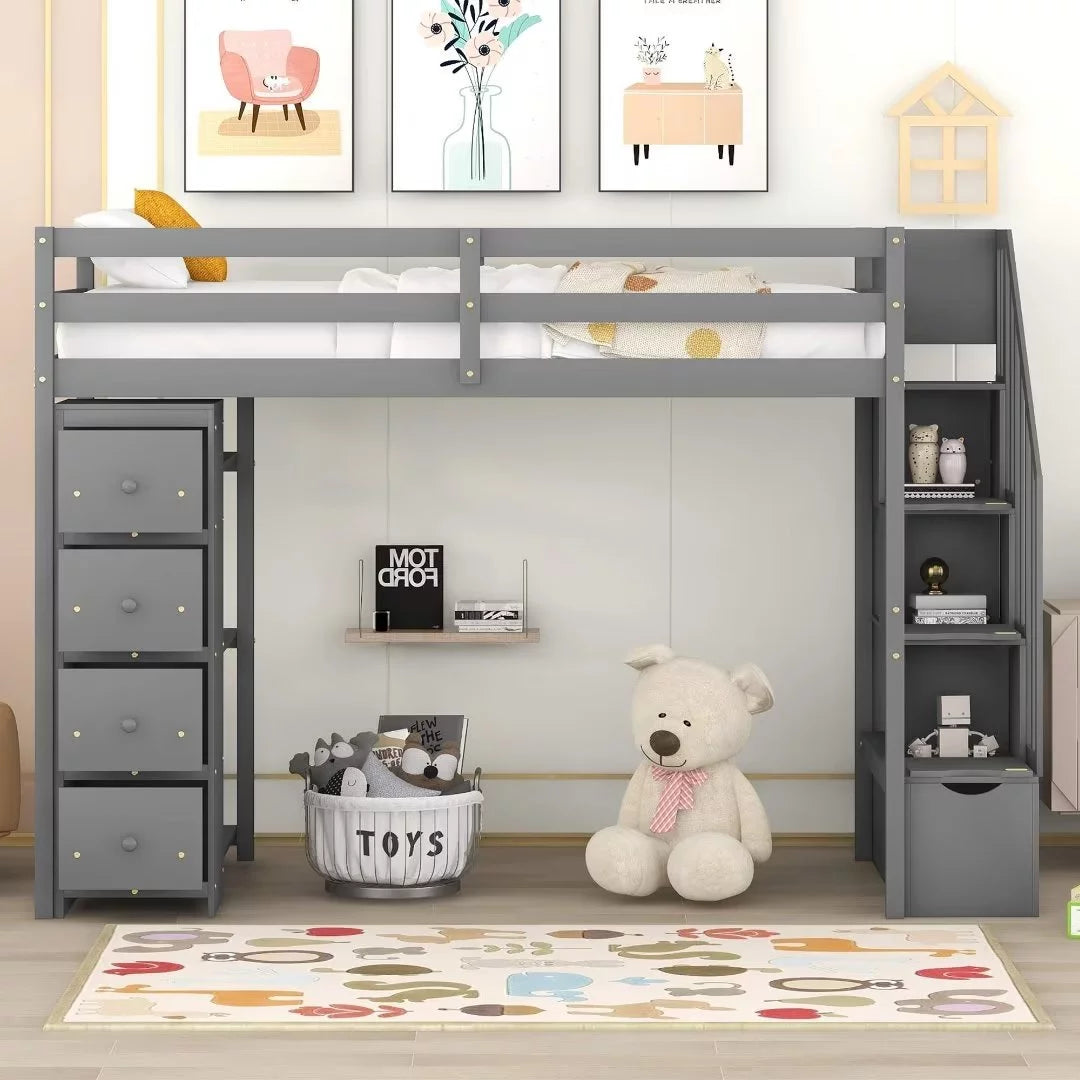 Twin Size Loft Bed with Storage Staircase, Wooden Twin Loft Bed Frame with Drawers and Shelves, Modern High Loft Bed, Multifunctional Twin Loft Bed, No Box Spring Needed, Gray