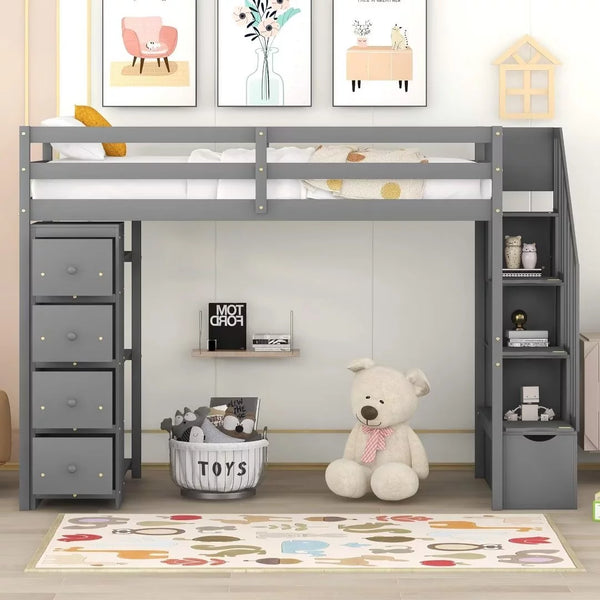 Twin Size Loft Bed with Storage Staircase, Wooden Twin Loft Bed Frame with Drawers and Shelves, Modern High Loft Bed, Multifunctional Twin Loft Bed, No Box Spring Needed, Gray