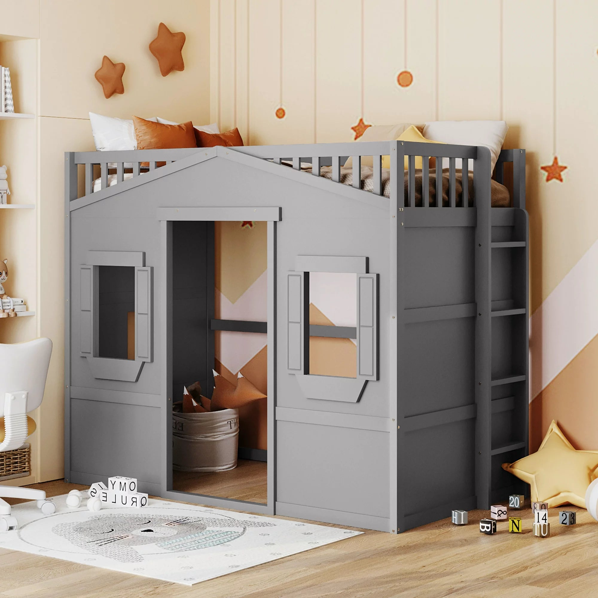 Twin Size Loft Bed with Windows and Door, Solid Wood Loft Bed Frame with Ladder and Safety Guardrails House Loft Bed for Kids Boys Girls, No Box Spring Needed, Gray