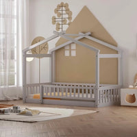 Twin Size Montessori Bed for Kids, Wood Floor Bed Frame, House Bed Frame with Fence & Roof, Solid Wood Playhouse Bed for Girls Boys Teens, Gray