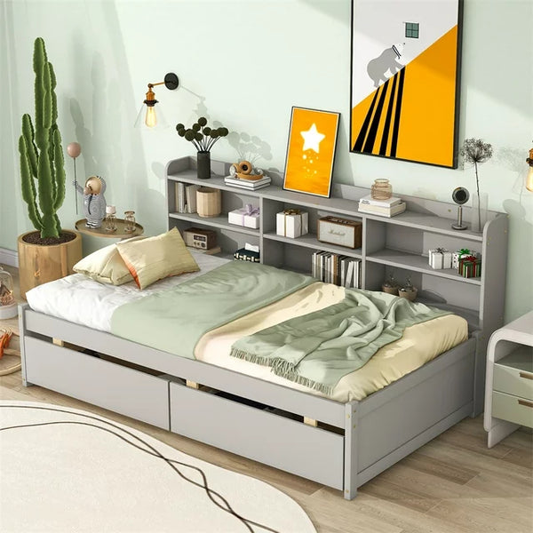 Twin Size Platform Bed with 2 Storage Drawers, Solid Bed Frame with Multifunctional Function Bookcase, Bookcase Bed for Kids Teens, No Box Spring Needed, Easy Assembly, Gray