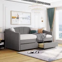 Twin Size Upholstered Daybed, Velvet Daybed with Two Storage Drawers, Wood Slat Support Sofa Bed Frame, No Box Spring Needed, Velvet Grey Daybed with Drawers, No Mattress Included, Gray