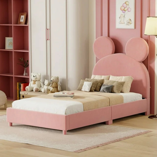 Twin Size Upholstered Toddler Bed with Bear Ear Shaped Headboard, Velvet Fabric Low Platform Bed with Wood Slat Support, Twin Size Bed for Kids, Girls, Boys, Pink