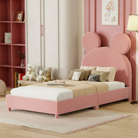 Twin Size Upholstered Toddler Bed with Bear Ear Shaped Headboard, Velvet Fabric Low Platform Bed with Wood Slat Support, Twin Size Bed for Kids, Girls, Boys, Pink