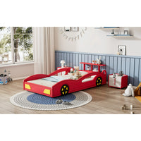 Twin Size Wooden Race Car Bed,Modern Car-Shaped Platform Twin Bed with Wheels, Storage Headboard, Sport Car Shaped Bed Frame For Teens, Red & Yellow
