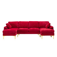 U-Shaped Sectional Sofa Couches with Movable Ottoman, Upholstered Accent Sofa Futon Sleeper Sofa with Extra Wide Double Chaise, 114.42'' Modular Sofa with 2 Pillows & Golden Metal Legs, Teal Red
