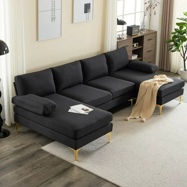 U-Shaped Sectional Sofa with Double Chaise, 110" Linen Fabric Couch Sofa with Metal Legs and Removable Cushions, Armrests, 4-Seat Sectional Couch for Living Room, Apartment, Office, Black