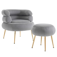 Accent Chair with Round Ottoman, Upholstered Velvet Indoor Armchair with Metal Frame, Single Tufted Leisure Chairs with Footrest Stool for Living Room Bedroom Office