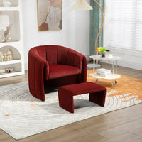 Velvet Accent Chair with Ottoman, Upholstered Barrel Chair Armchair with Footrest Set, Modern Reading Chair Single Sofa Chair for Living Room Reading Nook Apartment, Wine Red