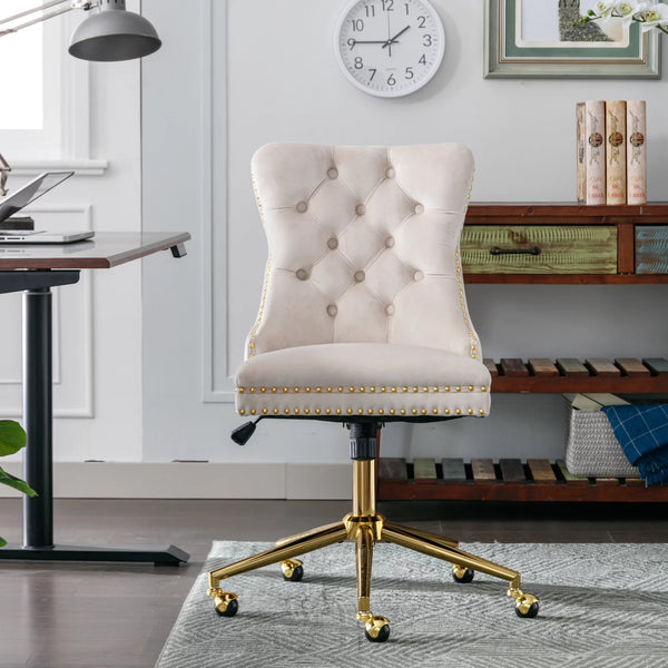 Swivel Office Chair, Velvet Upholstered Tufted Button Task Chair with Golden Metal Base and 5 Wheels, Adjustable Computer Desk Chair for Living Room Bedroom (Beige)