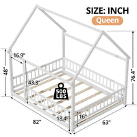 Queen Size Montessori Floor Bed Frame with Slats and Fence, Wooden House Bed for Boys Girls Bedroom, White