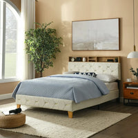 Wood Low Platform Bed Frame Full Size with Upholstered Headboard Storage Shelf Outlet USB Ports, 600lbs Load Fit 8''-10" mattress, Beige