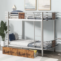 XL Twin Over Twin Metal Bunk Bed with MDF Board Guardrail and Two Storage Drawers, Heavy Duty Bunk Bed with Integrated Ladder and Full-Length Guardrails for Kids Teens and Adults, Silver
