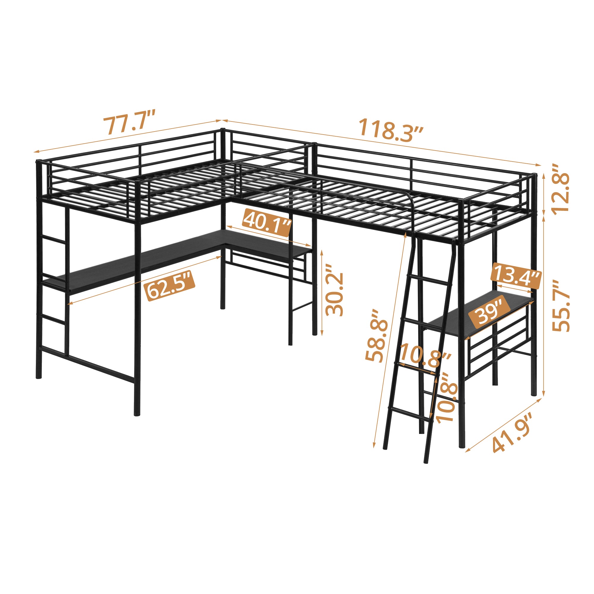Twin Size L-Shaped Loft Bed with 2 Built-in Desks, Metal Loft Corner Bed with 2 Ladders and Safety Guardrail, Heavy-Duty Bunk Beds for 2 Teens Adults, Space Saving, No Noise & Easy Assemble, Black