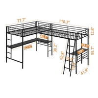 Twin Size L-Shaped Loft Bed with 2 Built-in Desks, Metal Loft Corner Bed with 2 Ladders and Safety Guardrail, Heavy-Duty Bunk Beds for 2 Teens Adults, Space Saving, No Noise & Easy Assemble, Black