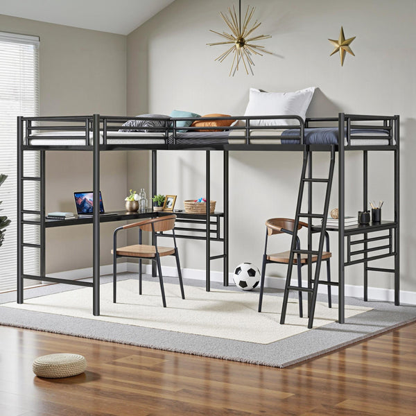 Twin Size L-Shaped Loft Bed with 2 Built-in Desks, Metal Loft Corner Bed with 2 Ladders and Safety Guardrail, Heavy-Duty Bunk Beds for 2 Teens Adults, Space Saving, No Noise & Easy Assemble, Black