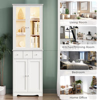 3-Tier Bookshelf with Doors and 3 Drawers, Home Office Large Storage Cabinet with Shelves and Display Cabinet, Tall Standing Bookcase with LED Light Strips for Living Room Apartment, White