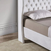 King Size Upholstered Platform Bed,Velvet Fabric Bed Frame with Button Tufted Headboard,Wingback Platform Bed with Wooden Slats,White