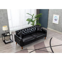78inch PU Leather Sofa, Mid-Century Modern Button Tufted Couch with 2 Pillows and Armrest, 3-seater Sofa for Living Room Bedroom Office, Black