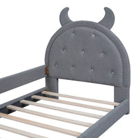 Lovely Teddy Fleece Twin Size Bed, Bed Frame with Side Fense, OX Horn Shaped Headboard, Upholstered Bed Frame of High Load-Bearing Capacity, Noise-Free, Gray
