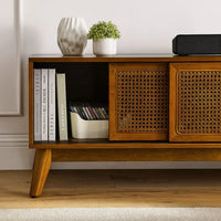 59" Mid Century Modern TV Stand for 65 Inch TV,Entertainment Center with Solid Wood Feet,1 Cord Holes and Rattan Doors,TV Stabd Media Console for Living Room Bedroom,Brown Ebony