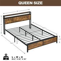 Queen Size Platform Bed with LED Lights and 2 USB Ports, Industrial Queen Bed Frame with Under-Bed Storage and Wooden Headboard, Noise Free, No Box Spring Needed, Rustic Brown