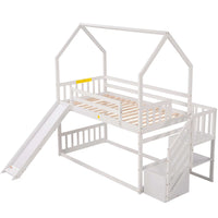 Twin Over Twin Bunk Bed with Convertible Slide,Solid Wood Bunk Bed Frame with Storage Staircase,Playhouse Design Bunk Bed for Boys and Girls,Easy Assembly,White