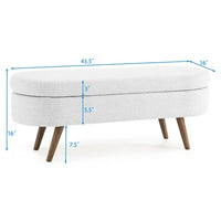 Oval Storage Bench 43.5" Modern Linen Fabric Upholstered Entryway Bench with Rubber Wood Legs Ottoman Bench Indoor Storage Bench for Living Room, Bedroom, End of Bed, Entryway, Bed Side, White