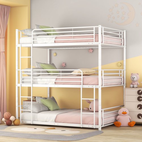 Metal Triple Bunk Bed for Kids ,Full-Full-Full Triple Bed with 2 Built-in Ladders, Bed Bunk Beds Can Divided into 3 Separate Beds, Metal Bedframe with Safety Guardrails, No Box Spring Needed, White