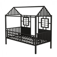 Twin Size House Loft Beds, Metal Loft Bed Frame with Roof and Two Front Windows, Playhouse Loft Bed with Fence Railings Cabin Beds for Girls Boys Teens, No Box Spring Needed-Black