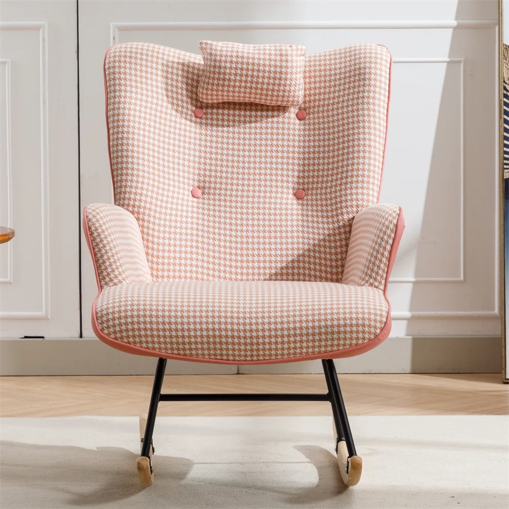 Cotton Linen Fabric Nursery Rocking Armchair with Head Pillow, Houndstooth Glider Rocker with Solid Wood Base for Living Room, Bedroom, Baby Room, Pink