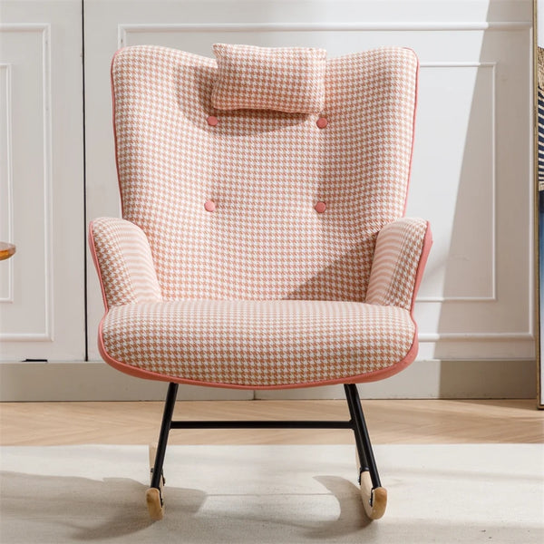 Cotton Linen Fabric Nursery Rocking Armchair with Head Pillow, Houndstooth Glider Rocker with Solid Wood Base for Living Room, Bedroom, Baby Room, Pink